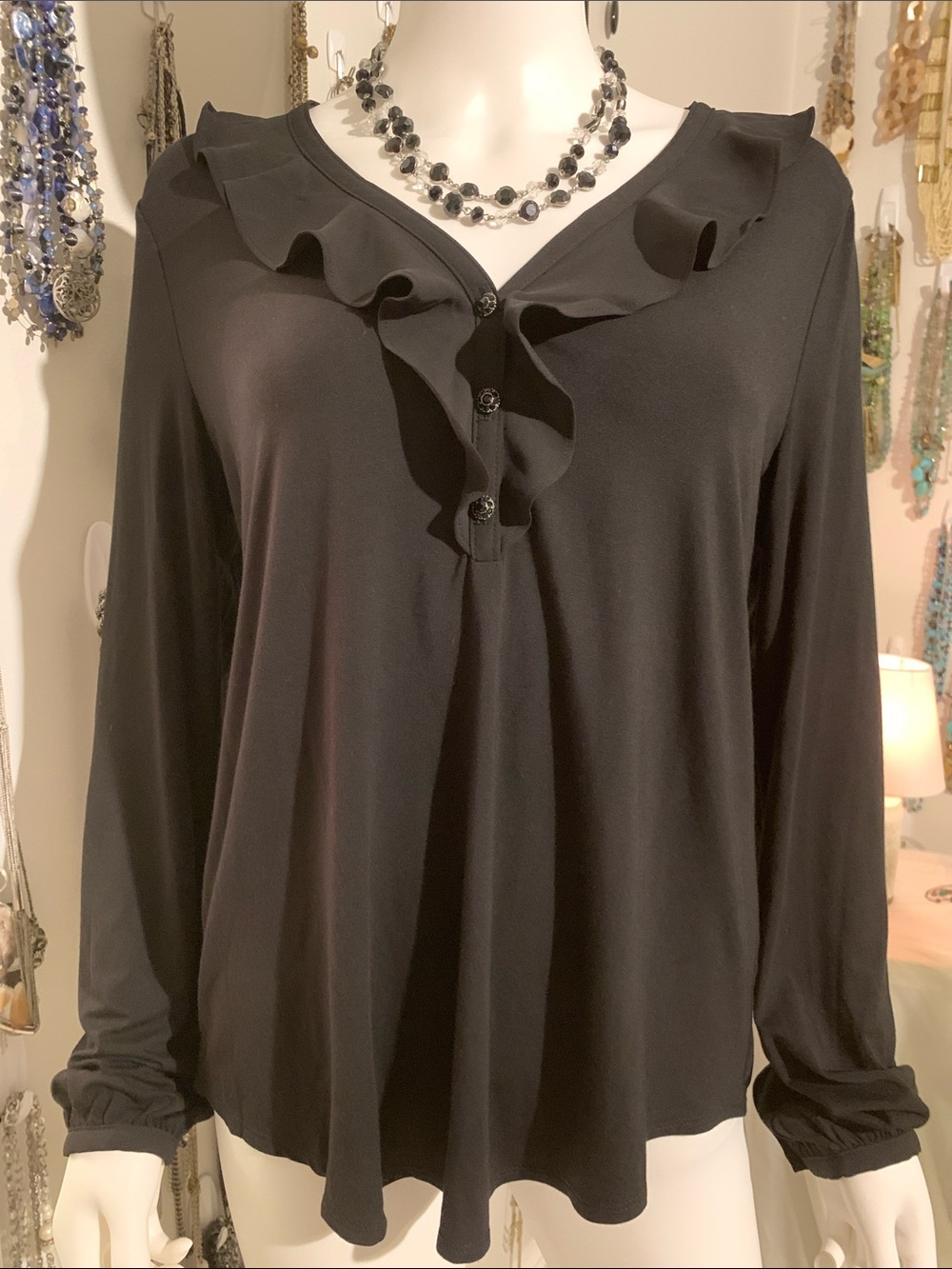 White House Black Market Black Ruffle V-Neck Long Sleeve Blouse with necklace